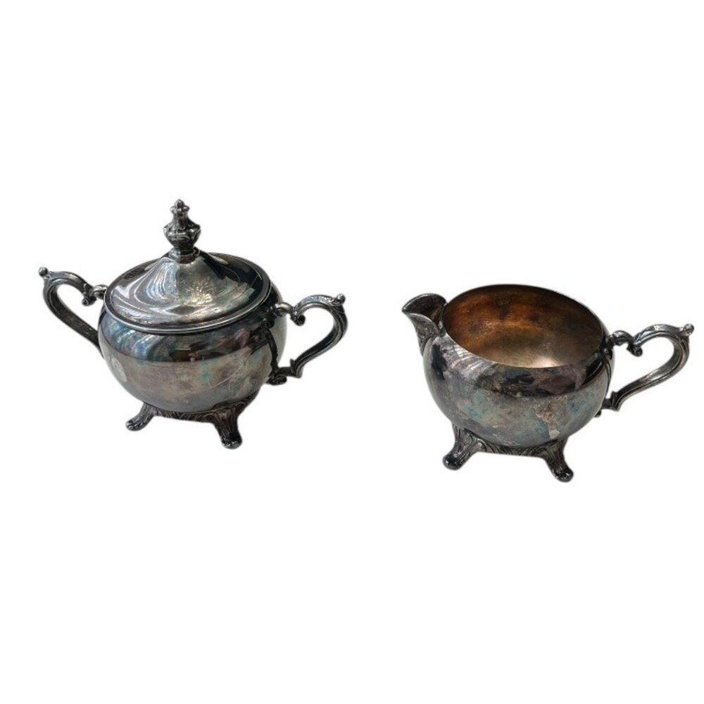 Vintage WM Rogers Silver Plate Footed Sugar Bowl with Lid and Creamer Set Patina
